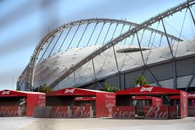 Budweiser beer kiosks are pictured at the Khalifa International Stadium in Doha, Qatar