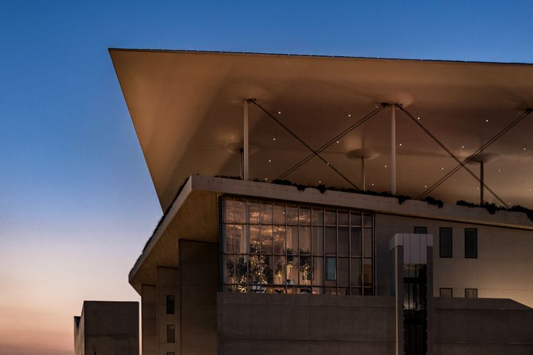 The groundbreaking restaurant Delta is perched atop the Stavros Niarchos Foun- dation Cultural Center, which houses Greeceâs National Library and National Opera