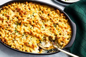 Raclette gruyere macaroni and cheese with pickled shallots