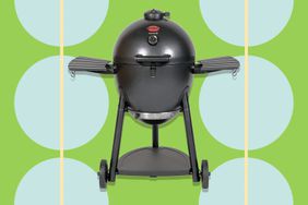 Char-Griller E16620 Akorn Kamado Charcoal Grill collaged on a colorful background
