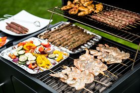 Various grilled vegetables, meats and seafood