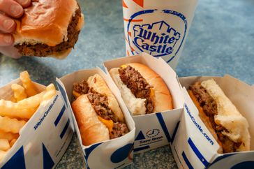 White Castle sliders with a fountain drink and french fries